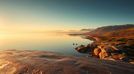 The Beauty of Dusk: A Rocky Shoreline Bathed in Golden Light