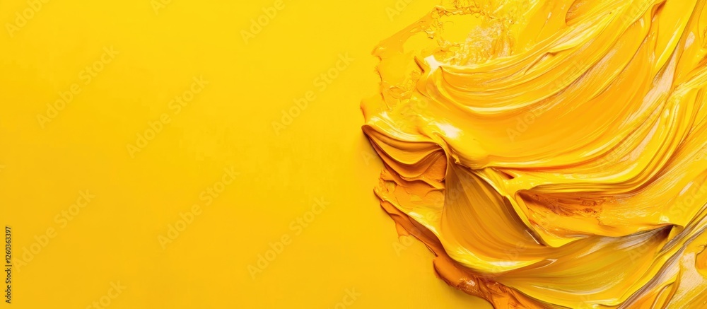 Poster vibrant yellow paint splash on a smooth surface creating a fluid texture with space for text or desi