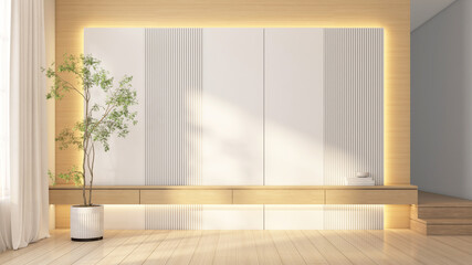 Modern Japanese-style living room with built-in TV cabinet. Wooden floor and white wall. 3d rendering