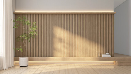 Modern Japanese-style living room with built-in TV cabinet. Wooden floor and wooden slat wall. 3d rendering