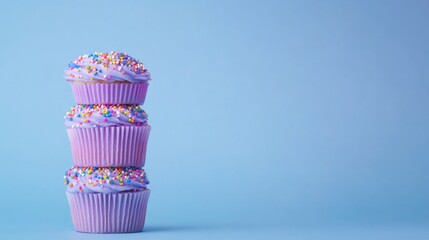 Purple cupcakes with colorful sprinkles arranged in a stack on a soft blue background with ample empty space for text insertion.