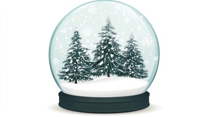 Winter snow globe illustration with evergreen trees and falling snowflakes on a white background ideal for holiday-themed designs