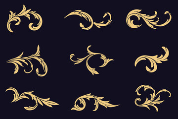 Set of golden Victorian baroque decorative elements on black. Gold filigree, Luxurious flourish ornament vector illustration