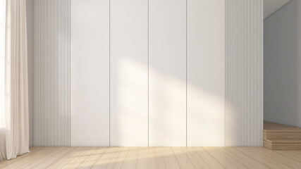 Modern Japanese-style empty room with a built-in wall unit finished in white paint and wooden floors. 3D rendering