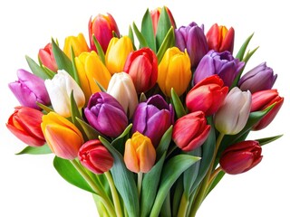 Naklejka premium A high-resolution image showcases a bright spring bouquet of colorful tulips, perfectly isolated.