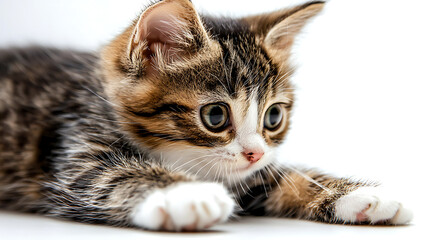 Fototapeta premium A kitten is laying on a white surface with its eyes wide open. generated using AI