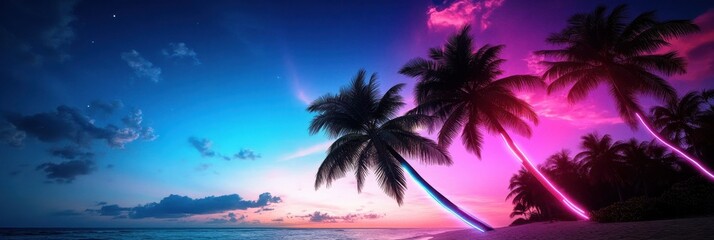 Obraz premium Vibrant neon sunset over the sea with palm trees tropical paradise digital art serene environment scenic view