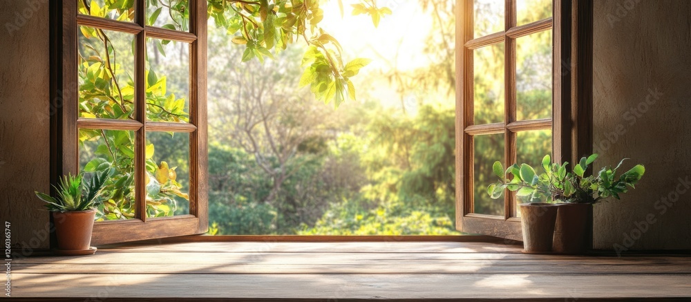 Wall mural bright sunrise through rustic colonial window with lush greenery outside and empty space for overlay
