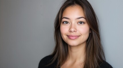 Fototapeta premium Professional headshot of young Asian woman against neutral background. Ideal for corporate diversity, professional portraits, and modern workplace representation.