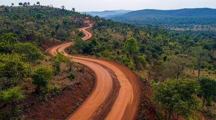 A winding dirt road through a hilly countryside, with trees lining both sides.