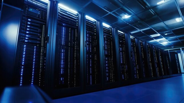 Modern data center interior showcasing server racks with illuminated network connections underscoring collaborative technology infrastructure.
