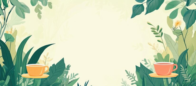 Tea time in a serene garden setting with colorful cups surrounded by lush greenery and blank space for personalization or text