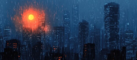 Fototapeta premium Rainy urban skyline with skyscrapers at sunset creating dramatic atmosphere and ample empty space for text overlay.