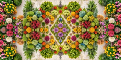 Airy watercolor floral symmetry: a vintage botanical print, seen from above.