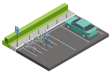 Isometric vector of a bike parking zone in a parking lot with bicycles and a parked car near green landscaping. © Golden Sikorka