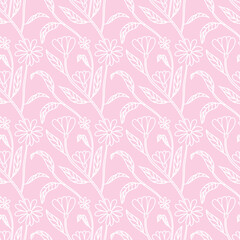 Tender contour flower white on pink pattern, seamless background, vector handdrawn illustration with flowerheads, leaves and tiny caterpillar