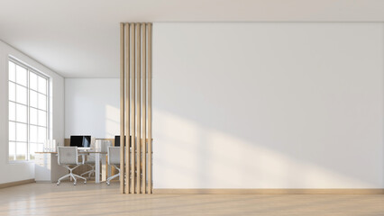Minimalist style empty room with office desk and chair set. Wooden slat wall and white wall. 3d rendering © Phongphan