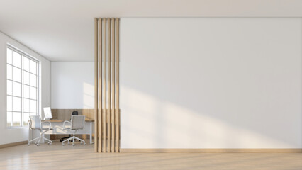 Minimalist style empty room with manager's desk and chair set. Wooden slat wall and white wall. 3d rendering