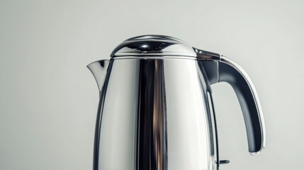 Sleek chrome kettle with modern design featuring a polished finish against a minimalistic light background.
