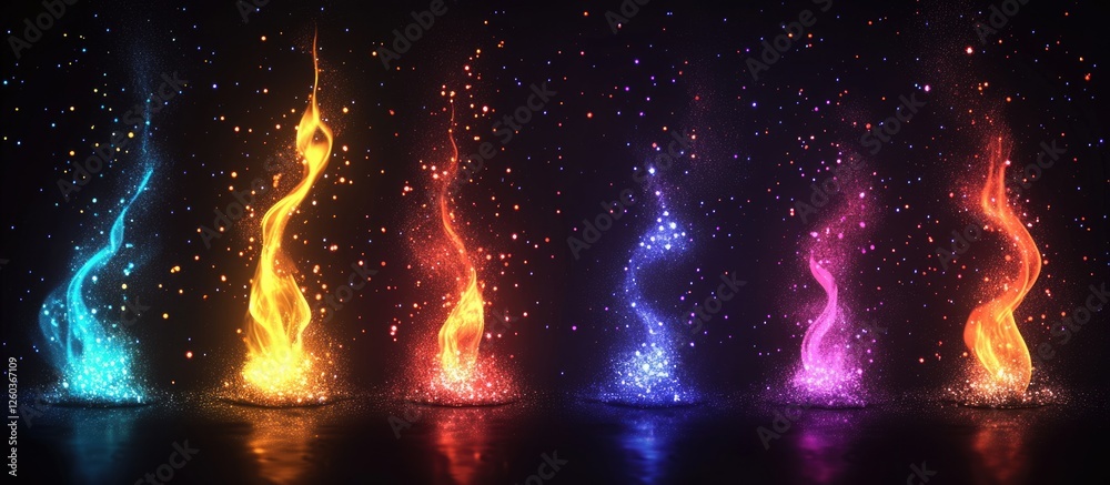 Poster colorful sparkling flames in dark background with copy space for text creation and design needs