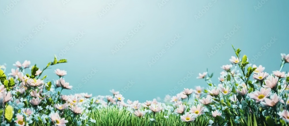 Wall mural fresh spring meadow with vibrant green grass and a clear blue sky, creating ample space for text or 