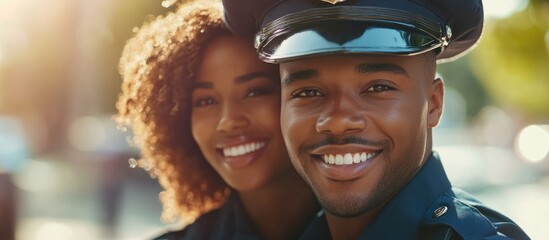 Smiling African American police officer couple outdoors in daylight with clear space for text and warm background for promotional use