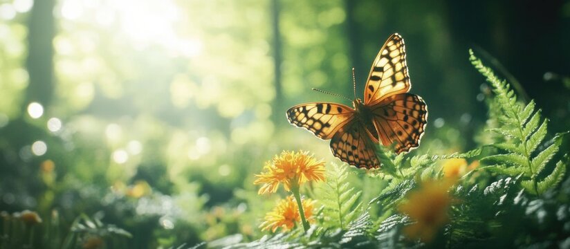 Vibrant silver washed fritillary butterfly perched on a dandelion amidst lush green ferns in a sunlit forest environment