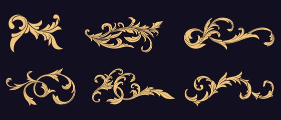Golden baroque arabesque engraved element collection. Victorian border frame, swirl, flourish, filigree, floral decoration ornamental vector illustration