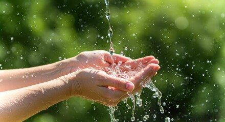 Fototapeta premium A close-up of a pair of cupped hands holding crystal clear water with droplets splashing and trickling down