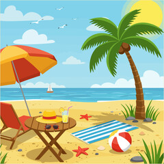 Cartoon Beach Scene with Palm Tree, Umbrella and Summer Accessories