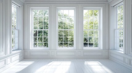 Fototapeta premium Bright and Airy White Interior Space Featuring Elegant Sash Windows and Natural Light