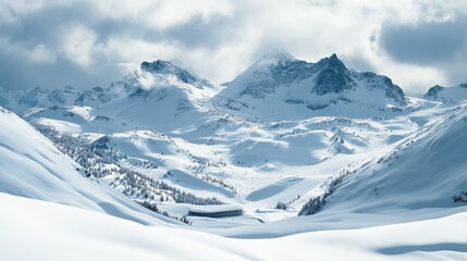 Obraz premium Snow-covered mountain landscape with dramatic clouds and serene slopes, perfect for winter-themed projects or outdoor adventure promotions.