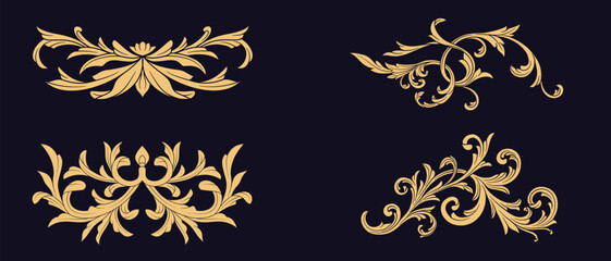 Fancy gold baroque damask vintage border frame scroll on black. Elegant decoration golden arabesque, flourish floral ornament, filigree vector illustration