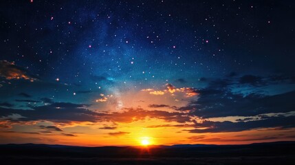 Fototapeta premium Vibrant Sunset Transitioning to Starry Night Sky with Ample Copy Space for Text or Graphic Elements