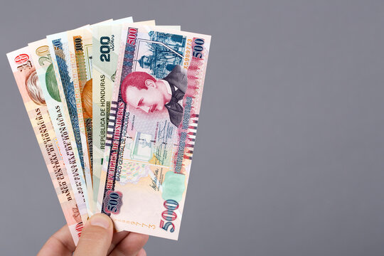 Honduran money in the hand on a gray background