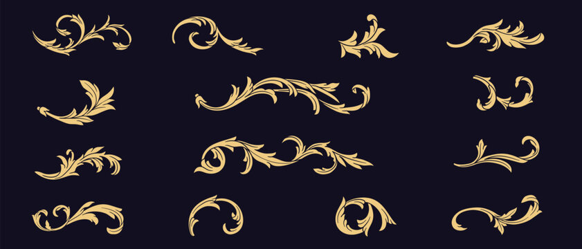 Collection of gold vintage filigree, fancy flourish floral decoration elements. Luxury golden baroque ornamental art decoration vector illustration