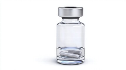 Isolated Glass Vial with Metal Cap Containing Pharmaceutical Capsule on White Background