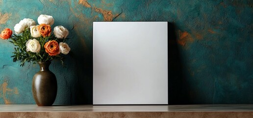 Blank canvas mock-up with flowers, teal wall background, interior design