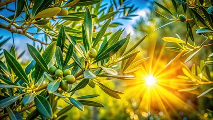 Fototapeta premium A panoramic view: vibrant green olive leaves illuminated by bright summer sun.