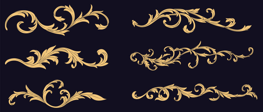 Set antique golden baroque Decorative ornamental. Luxury gold Floral, flourish, filigree vector frames and borders element. Fancy vintage floral ornament.