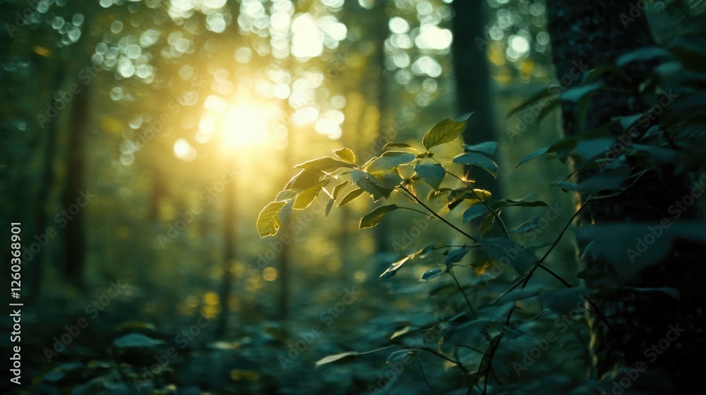 Wall mural sunlight illuminating green leaves in summer forest with blurred background and empty copyspace for 