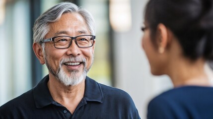 Obraz premium Senior Asian professional in casual conversation. Represents business mentorship, professional wisdom, and corporate leadership.