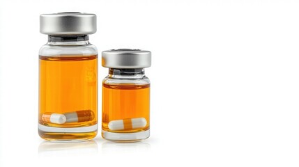 Isolated Set of Injectable Ampoules Containing Orange Liquid Medicine on White Background
