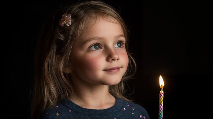 Young girl with candlelight in dramatic portrait. Represents childhood wonder, celebration moments, and innocent joy.