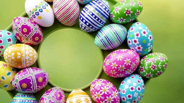 Vibrant decorated Easter eggs in a circular arrangement, spring celebration, traditional holiday, festive decoration