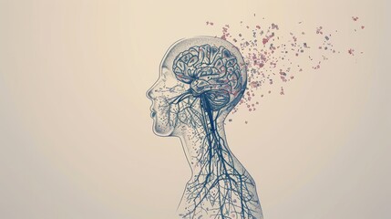 Detailed depiction of a human head silhouette with brain details and dissolving particles, symbolizing memory loss or cognitive decline. AI generated.