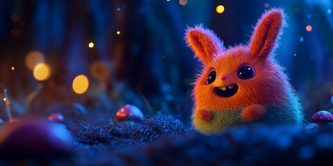 Happy bunny in magical forest at night