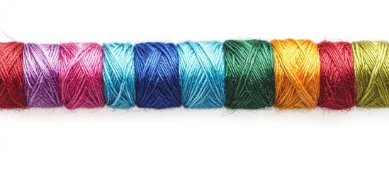 Colorful spools of thread arranged in a row against a white background perfect for crafting and sewing related designs.