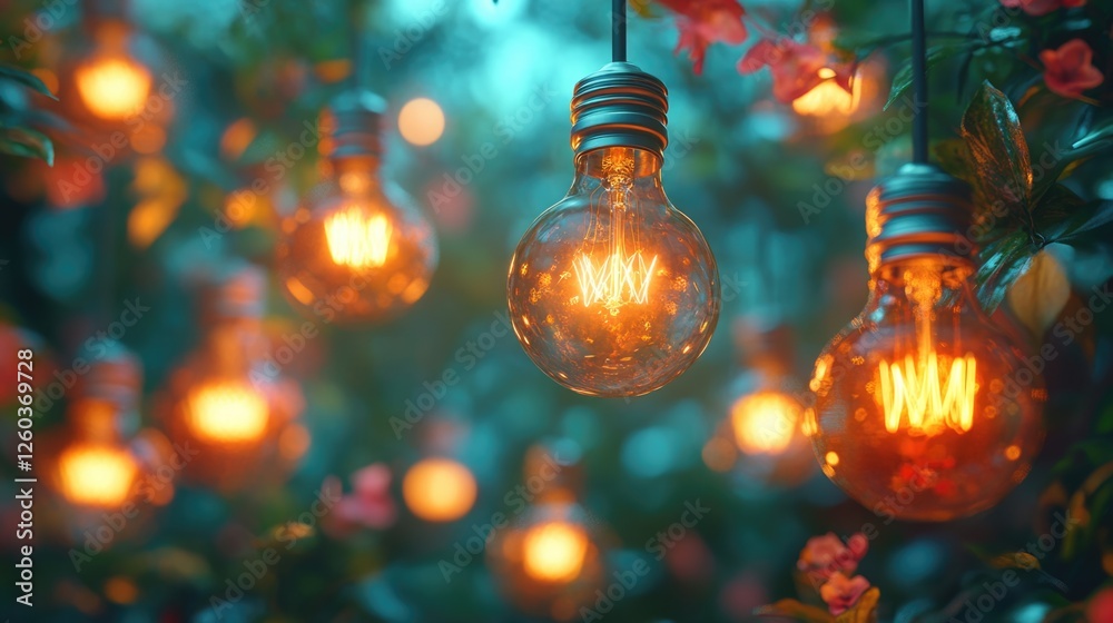 Wall mural blooming lightbulbs in a lush garden setting with soft glowing light and empty space for text or des