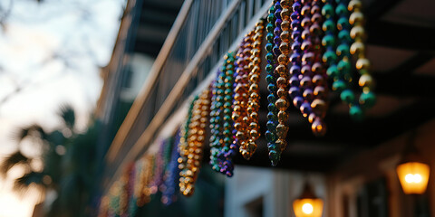 Multicolored Beaded Necklaces Hanging from Balcony